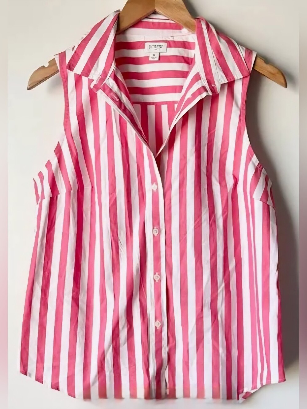 J Crew Pink White Stripe Sleeveless Button Up Preppy Coastal Summer Top Barbie
